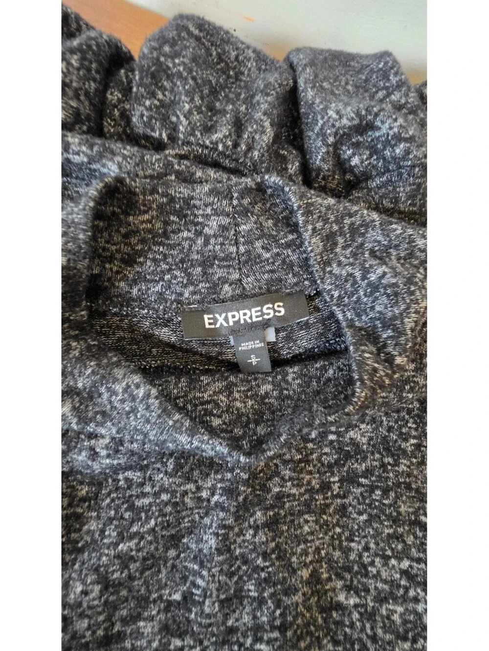 EUC Express Gray Knit Sweater Dress Mock Neck Bell Sleeve Ruffle Hem Sz S, #102